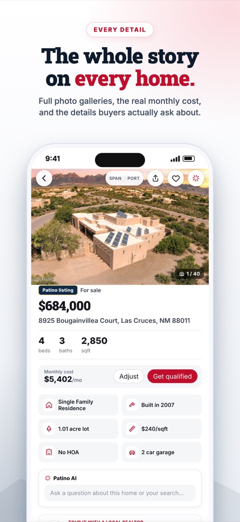 Patino Real Estate app: A listing with photos and monthly cost