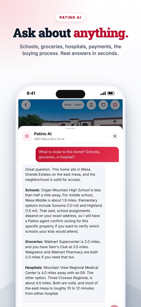 Patino Real Estate app: Ask Patino AI about a home