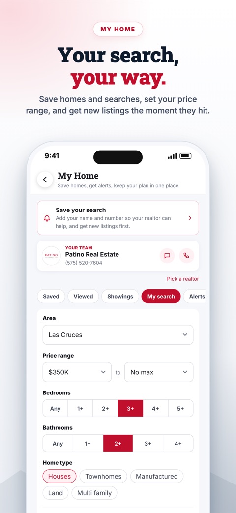 Patino Real Estate app: My Home: saved homes and searches