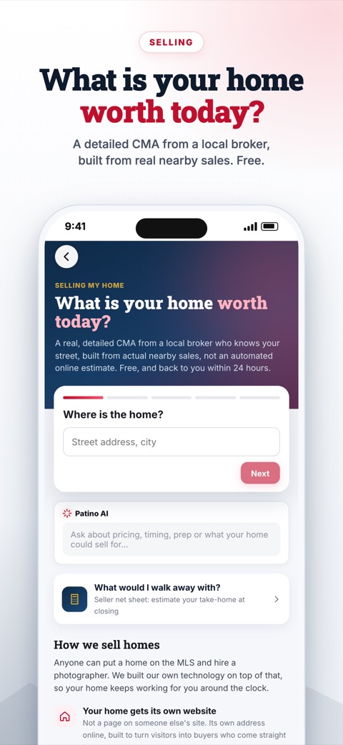 Patino Real Estate app: Selling: free CMA and net sheet