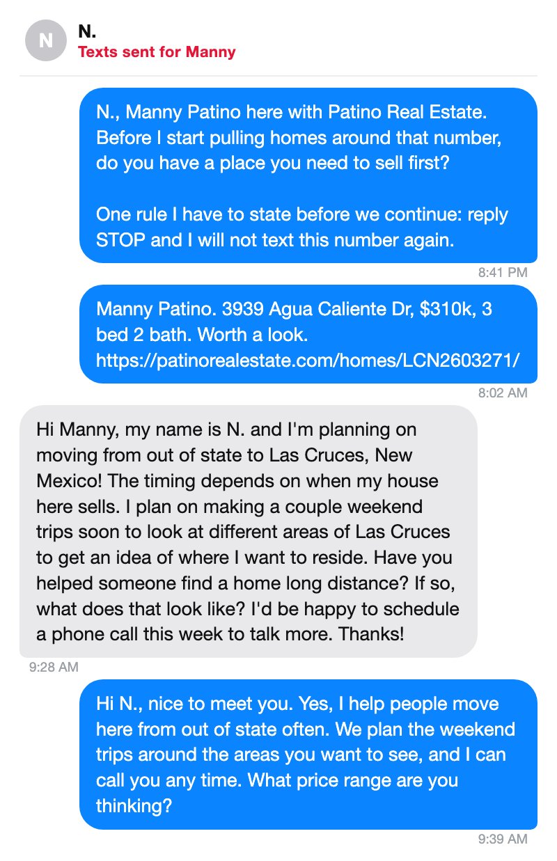 The first text the system sent a new buyer lead, eight minutes after she signed up